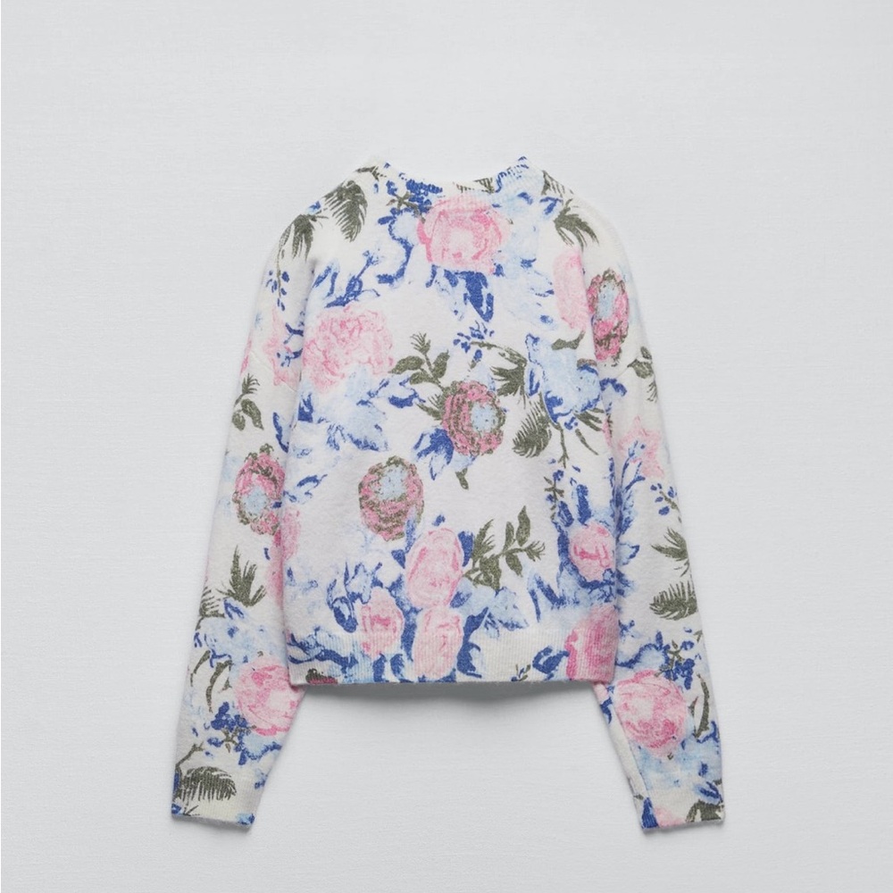 Zara Floral Crewneck Sweater in White, Pink, Blue, Olive - Picture 6 of 8
